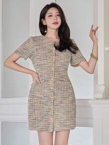 DAZY Women's Elegant Patterned Round Neck Short Dress, Summer Wedding Guest Dress Sundress - Khaki - View 1