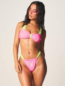 Missguided x Playboy Contrast Two Tone Triangle Bikini Set With Logo Print For Summer Beach Swimming Pool Vacation Holiday Resort Wear - Multicolor - View 1