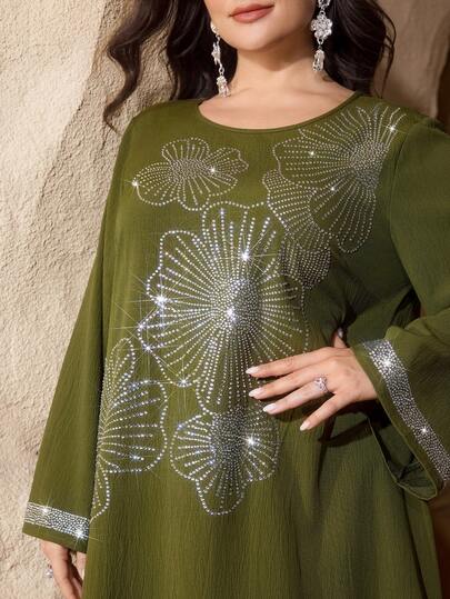 Al Najma Plus Size Elegant Loose Fit Sparkly Floral Embellished Round Neck Long Sleeve Dress, Suitable For Parties