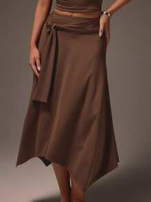 MISSGUIDED Asymmetric Midi Wrap Skirt With Tie Waist Detail And Handkerchief Hem For Casual Everyday Occasions - Brown - View 4