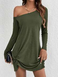 SHEIN Essnce Women's Solid Color Minimalist Oblique Shoulder Long Sleeve Dress, Casual Daily Wear - Army Green - View 5