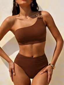 Swim Chiccia Bộ đồ bơi tankini nữ màu trơn với phụ kiện vòng kim loại trang trí, thích hợp mặc đi biển vào mùa hè. - màu nâu - Xem 8