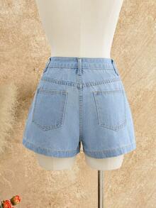 SHEIN MOD Quần short denim ống rộng dáng casual, thêu hoa, có túi xéo, dành cho nữ. - Màu xanh lam - Xem 3