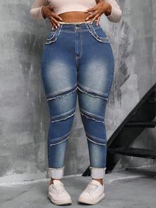 Slaydiva Plus Size Women Blue Denim High Waist Distressed Skinny Jeans - Medium Wash - View 6