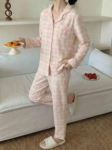 青少年女孩宽松格子图案编织长袖开衫和裤子家居服套装，浅粉色女士睡衣套装粉色睡衣套装格子睡衣套装纽扣睡衣套装 2 件睡衣套装 - 粉色 - 查看 1