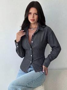 女士黑白条纹长袖衬衫，系带腰身，休闲通勤衬衫，度假衬衫，收腰条纹衬衫，适合春、夏、秋、冬四季穿着，优雅，度假风，波西米亚风，工作装 - 黑與白 - 查看 4