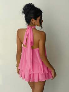 Aloruh Women's Elegant Light Yellow Halter Tie Mini Dress - Coral Pink - View 2