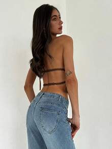 Aloruh Women's Adjustable Halter Tie Ruched Layered Semi-Sheer Romantic Date Cropped Camisole - Mocha Brown - View 2