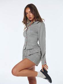 Sweetina 2026 New Arrive Women's Plaid Long Sleeve Button-Up Shirt And Shorts Casual 2 Pieces Set,Spring/Summer - Navy Blue - View 6