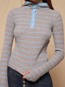 COUREZ 条纹罗纹针织连帽衫，带拇指孔 / Y2K 春季女装，可爱灰色连帽衫，外出上衣，夏季连帽衫，夏季穿搭 - 彩色 - 查看 7