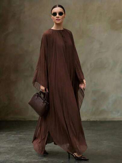 Ontre 2026SS Women's Brown Wrinkle-Resistant Chiffon Fabric Comfortable Flowy Round Neck Batwing Sleeve Design Pleated Dress With Keyhole Neckline, Butterfly Tie Decor, Elegant Urban Casual Business Commuter High-Quality Airport Dress Special Batwing Sleeve Design Middle Eastern Style Essential Women's Clothing Elegant Brown Brown Dress Brown Maxi Dress Middle Eastern Style Essential Women's Clothing