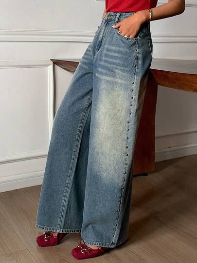DAZY Women's Western Cowboy Rivet Decor Distressed Wide Leg Jeans, Casual Street Style Loose Fit Denim Pants For Spring & Autumn