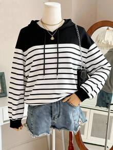 EMERY ROSE Plus Size Women Casual Hooded Striped Lightweight Sweatshirt - Black and White - View 1