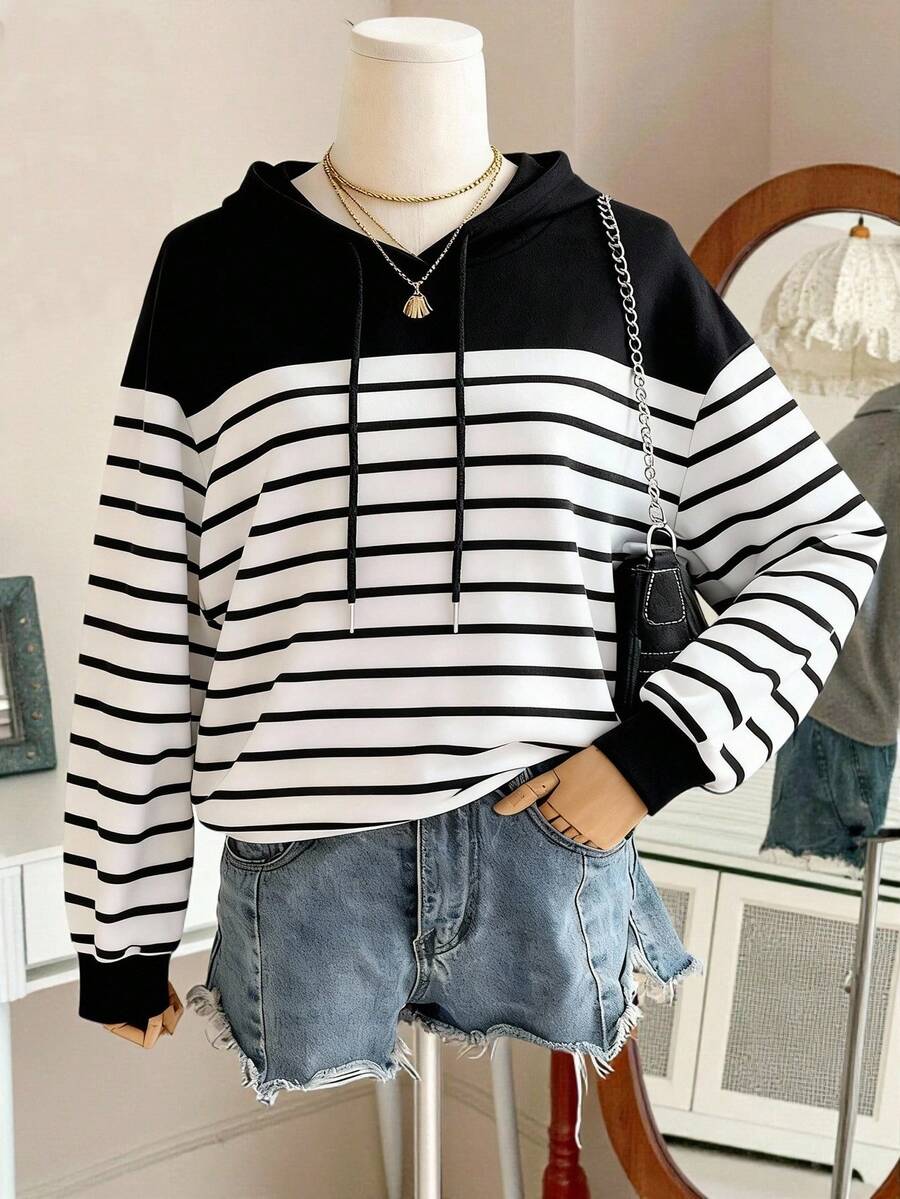 EMERY ROSE Plus Size Women Casual Hooded Striped Lightweight Sweatshirt - Black and White - View 1