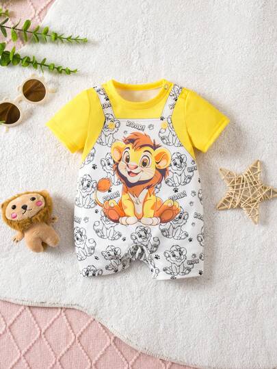 SHEIN 新生儿男/女宝宝可爱针织撞色卡通印花短袖连体衣，夏季