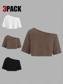 Sweetra 3pcs/Set Kaos Lengan Pendek Bahu Asimetris Longgar Warna Putih, Abu-abu, Hitam - MultiWarna - View 2