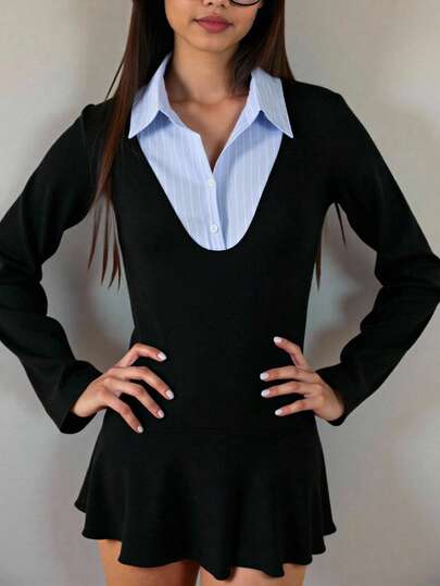 Rina Fox 2026 Spring/Summer Fashion New Plus Size Women Patchwork Striped Shirt Collar Long Sleeve Commuter Street Y2K Bodysuit