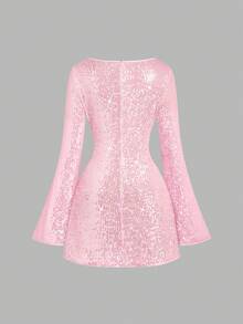 Sweetra Đầm dự tiệc mini ôm sát tay dài đính sequin lấp lánh dành cho nữ cỡ lớn, đầm ngắn bó sát lấp lánh thích hợp cho tiệc mùa hè. - Hồng - Xem 2