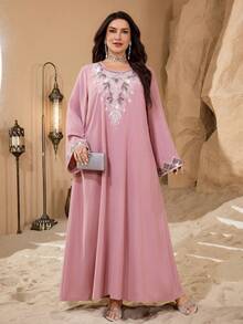 SHEIN Najma Plus Size Middle Eastern Style Simple Elegant Arabic Dress For Women - Pink - View 6