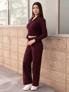 Andrea Bello Women's Burgundy Zip-Up Cardigan And Knit Pants Casual Sweater 2 Pieces Set, Sweater Set, Autumn/Winter, Winter,Fall,Fall Clothes For Women - Burgundy - View 5