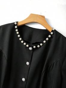 GlowEve CURVE Conjunto de 2 piezas para mujer talla grande, top de cuello redondo con bolsillo y pantalón recto de pierna larga de unicolor con tachuelas, adecuado para negocios, viajes y reuniones - Negro - Ver 4