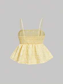 SHEIN MOD 大码刺绣娃娃衫，女士碎花吊带背心，可爱度假浪漫风荷叶边上衣，黄色上衣，黄色夏季上衣，娃娃衫，女士黄色荷叶边上衣，黄色吊带背心，黄色奶油色上衣，黄色娃娃衫，女士上衣，夏季，节日，海滩，婚礼，度假 - 黃色 - 查看 2