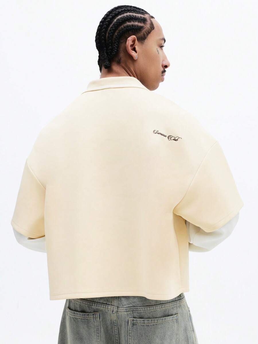 SUMWON 双层休闲翻领Polo衫，短款修身设计，短袖，饰有刺绣Logo细节 - 卡其色 - 查看 1