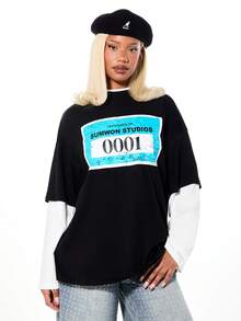 SUMWON WOMEN Oversized Contrast Long Sleeve Graphic T-Shirt With White Layered Sleeve Detail And Front Number Print For Casual Winter Streetwear - Black - View 1