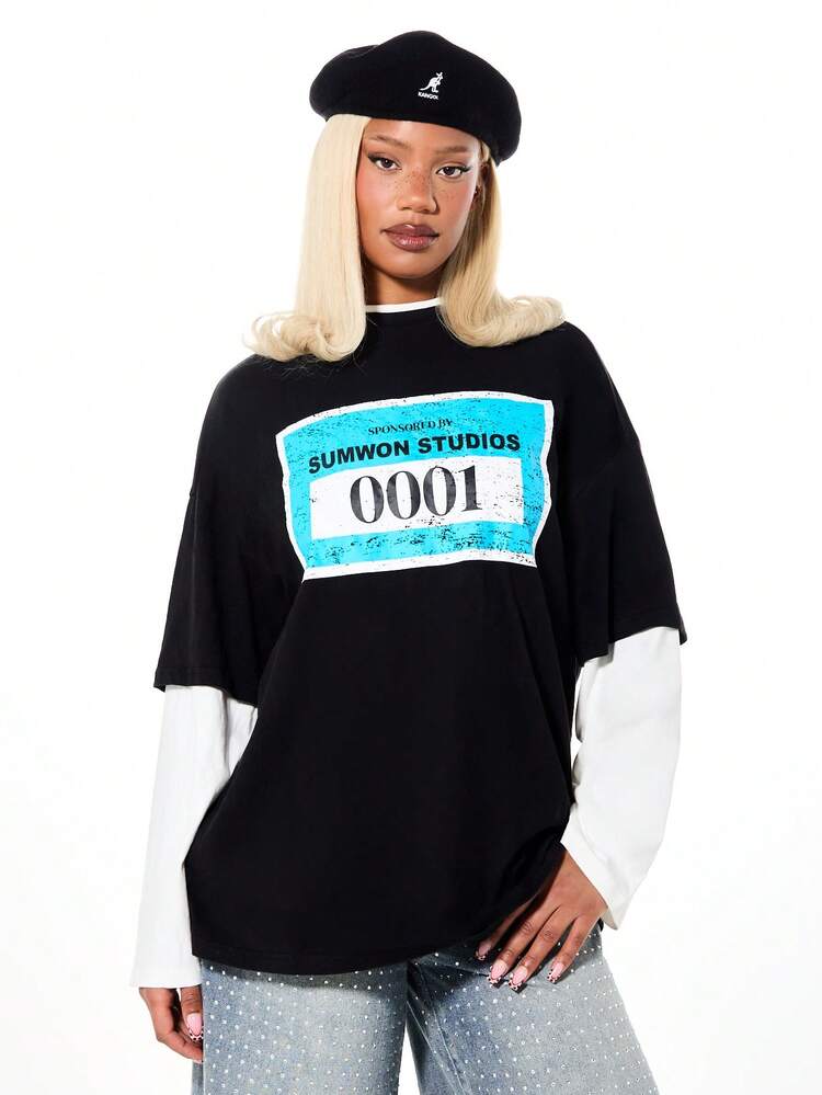 SUMWON WOMEN Oversized Long Sleeve Graphic T-Shirt With Layered Sleeves