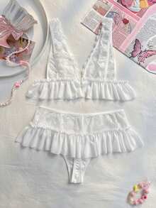 PetitDoll 两件套蕾丝撞色网纱性感内衣套装，婚礼季 - 白色 - 查看 2