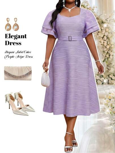 Fleurora 大码优雅纯色纹理派对连衣裙