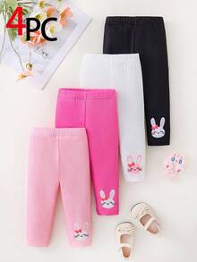 SHEIN 4pcs/Set Baby Girls' Cute Rabbit Print Ribbed Knit Pants, Spring/Summer - Multicolor - View 3