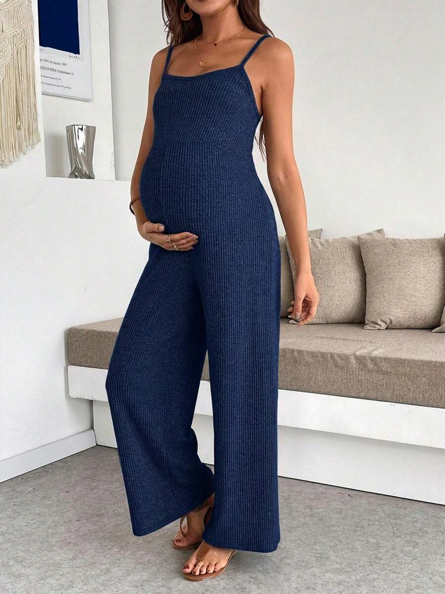 SHEIN Maternity Solid Color Ribbed Casual Wide Leg Jumpsuit - Navy Blue - View 1
