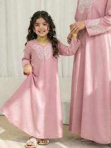 Young Girls Blue Butterfly Beaded Embroidered Long Dress - Pink - View 3