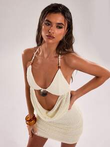 SHEIN BAE Đầm hè ôm sát màu trơn dành cho nữ, kiểu cổ yếm, dây mảnh, khoét eo. - trắng - Xem 6