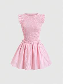 Sweetra Women's Pink Striped Summer Dress With Puff Sleeves, Frill Trim, A-Line Design, Cute & Romantic Beach Holiday Style - Pink - View 1