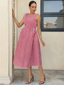 MaterniWear Maternity Plaid Minimalist Sleeveless Casual Dress - Pink - View 3