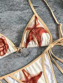 Swim Vcay Women's Summer Casual Vacation Ocean Print Metal Starfish Decor Backless Bikini Set - Multicolor - View 6