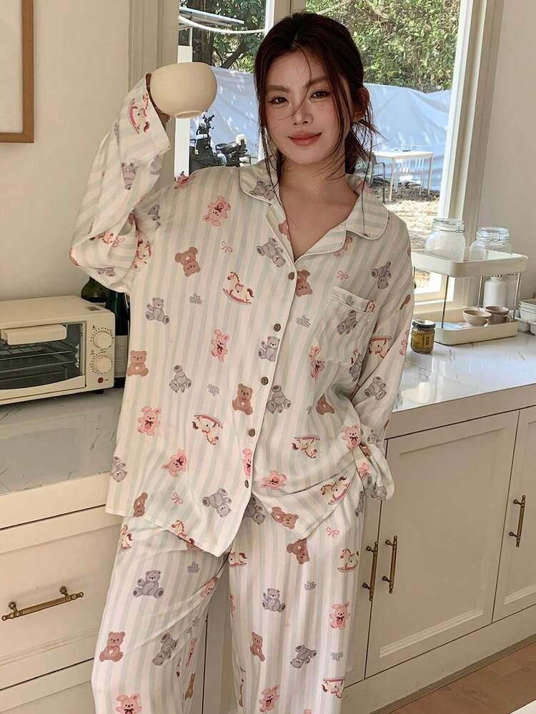 Dazy Plus Plus Size Minimalist Print Long Sleeve & Long Pants Pajama Set