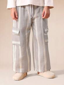 SUMWON Boys Striped Wide Leg Cargo Pants With Side Pockets Casual Comfortable Cotton Linen Feel Elastic Waist Summer Spring Lightweight Breathable Full Length Trouser - Black - View 4