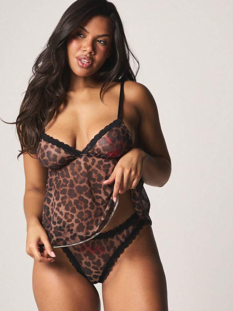 Missguided x Playboy Leopard Print Babydoll Cami And Thong Panty Set With Lace Trim Black Contrast Detail Lingerie For Valentine's Day