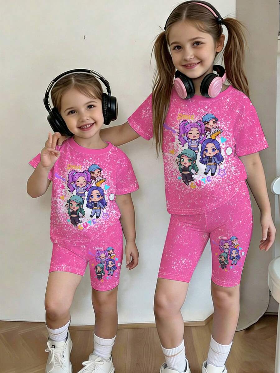 一套女婴可爱闪亮卡通韩流女团印花短袖圆领T恤和短裤套装,日常夏季穿着 - 彩色 - 查看 1
