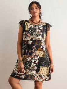 Freevana 大码夏季休闲撞色蕾丝连衣裙 女式碎花连衣裙 复古女装 乡村蕾丝波西米亚风女装 夏季度假装 海滩度假装 - 黑色 - 查看 9