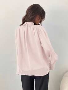 Aloruh Women's Elegant Commuter Chiffon Deep V-Neck Tie Long Sleeve Blouse - Baby Pink - View 2