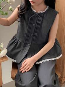 DAZY 少女圆领蕾丝边单排扣无袖上衣搭配阔腿裤休闲套装 - 灰色 - 查看 6