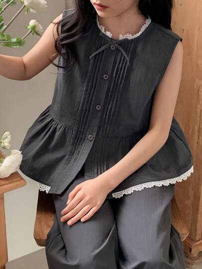 DAZY 少女圆领蕾丝边单排扣无袖上衣搭配阔腿裤休闲套装