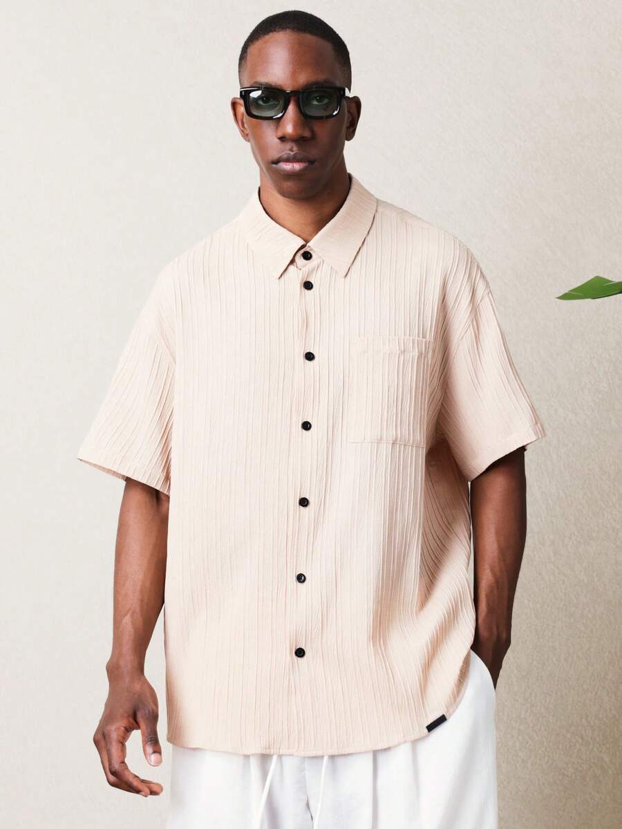 SUMWON Relaxed Fit Button Down Shirt With Vertical Pinstripe Pattern Short Sleeve Collared Summer Casual Dress Shirt - Dusty Pink - View 1