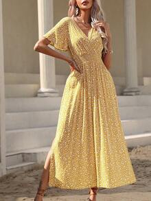 EMERY ROSE Ditsy Floral Print Butterfly Sleeve Split Thigh Dress Maxi Vacation Beach Outfits Women - Yellow - View 3