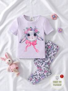 Young Girl' Delicate Purple Rabbit Pattern Short Sleeve Pajama Set - Mauve Purple - View 1