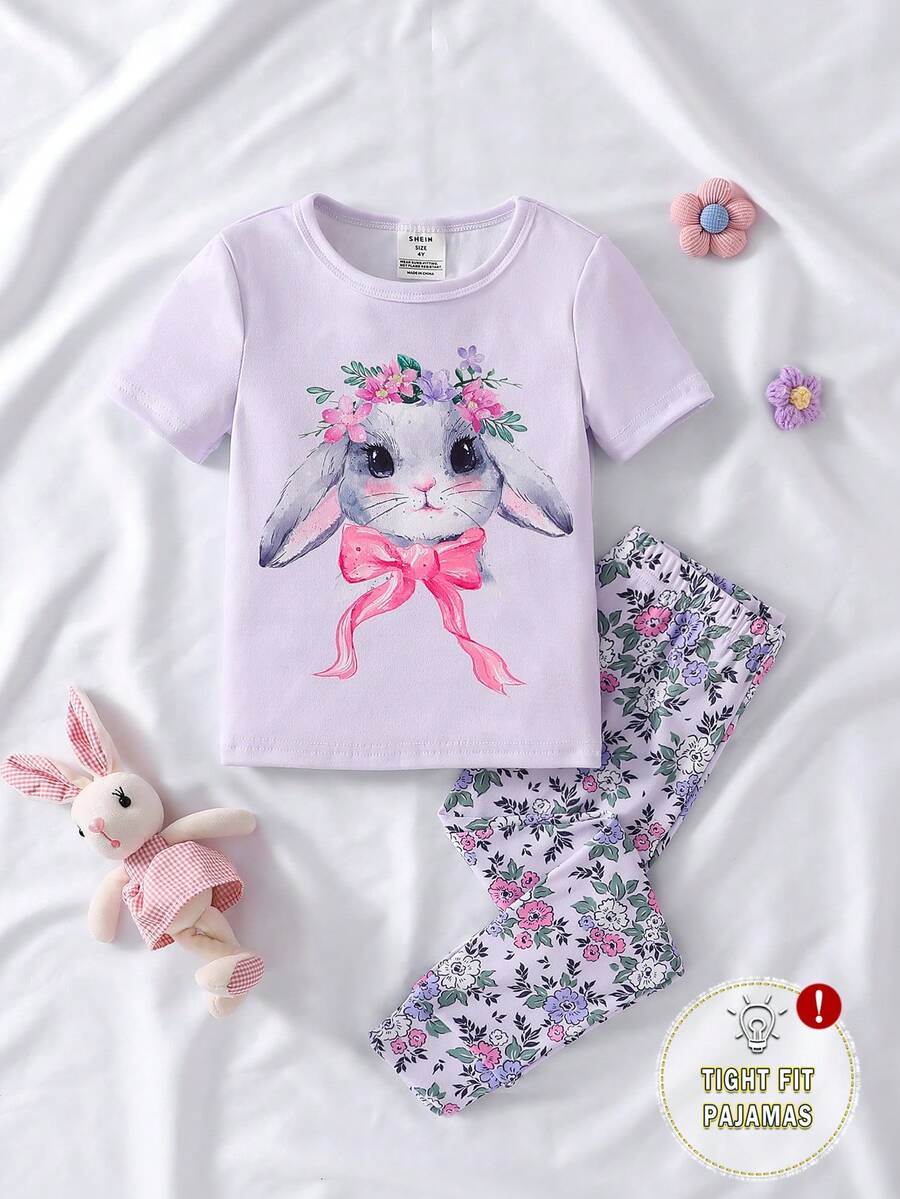 Young Girl' Delicate Purple Rabbit Pattern Short Sleeve Pajama Set - Mauve Purple - View 1